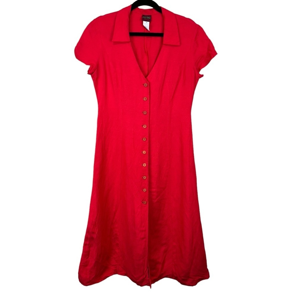 Vintage Kenzo Paris Red Linen Blend Button Front V-Neck Midi Dress